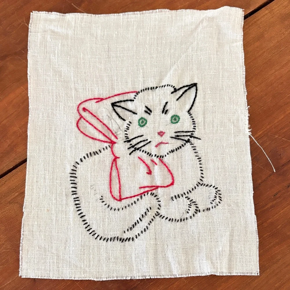 Hand Embroidered Cat Linen Squares - Blue and Pink